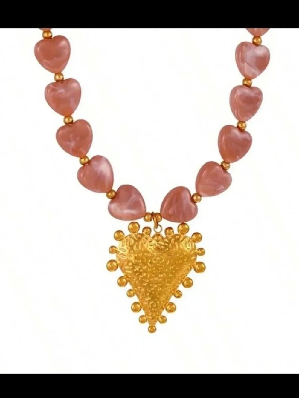 Gold Heart Pendant Necklace with Pink Heart Beads R777